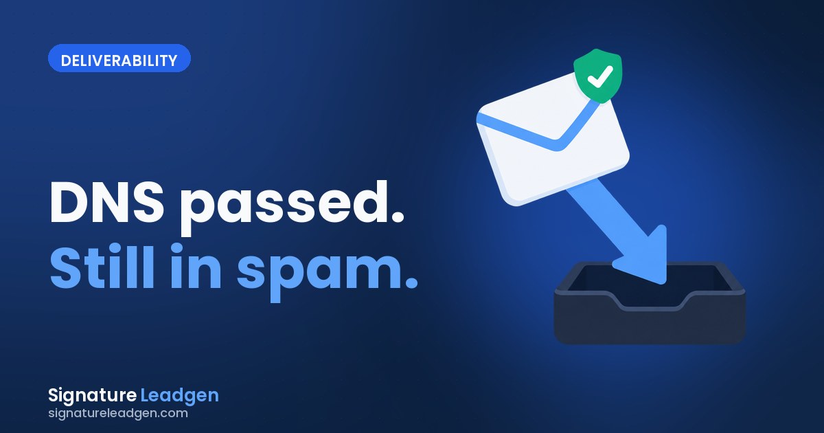 An envelope with a green passed badge sliding down an arrow into a spam tray